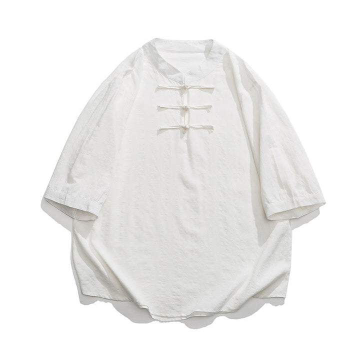 Buddha Stonesカエルボタン チェック柄 中国唐装 半袖シャツ コットンリネン メンズ服
