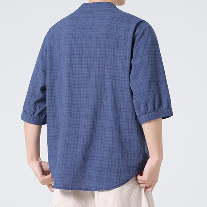 Buddha Stonesカエルボタン チェック柄 中国唐装 半袖シャツ コットンリネン メンズ服