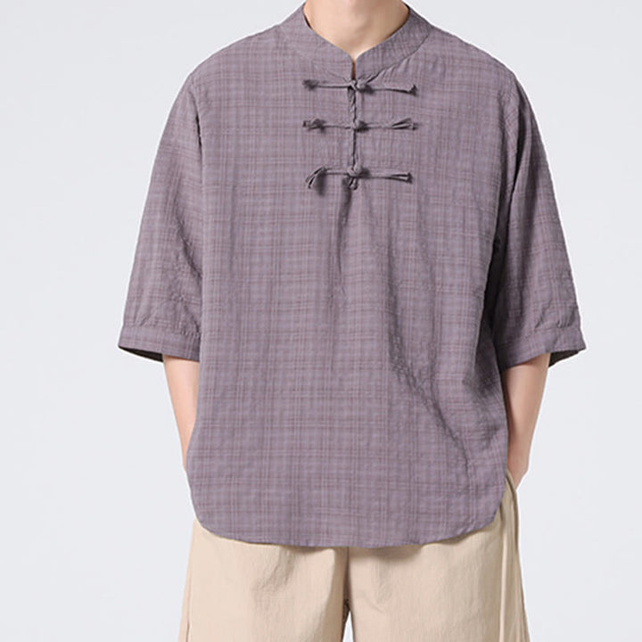Buddha Stonesカエルボタン チェック柄 中国唐装 半袖シャツ コットンリネン メンズ服