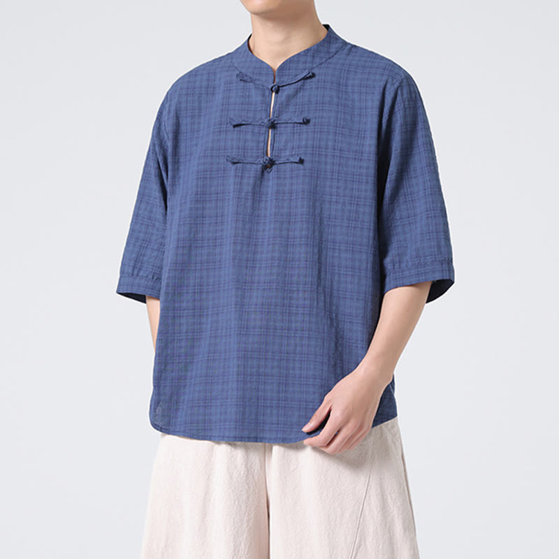 Buddha Stonesカエルボタン チェック柄 中国唐装 半袖シャツ コットンリネン メンズ服