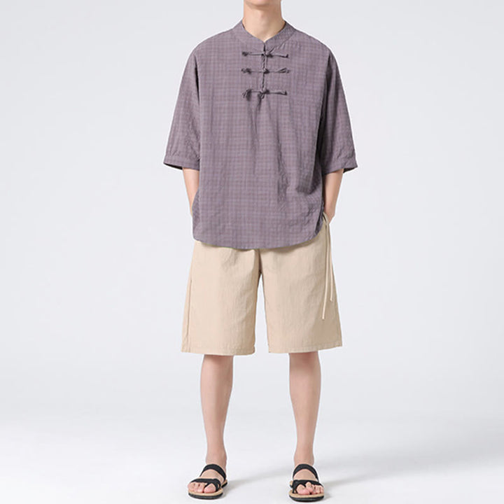 Buddha Stonesカエルボタン チェック柄 中国唐装 半袖シャツ コットンリネン メンズ服