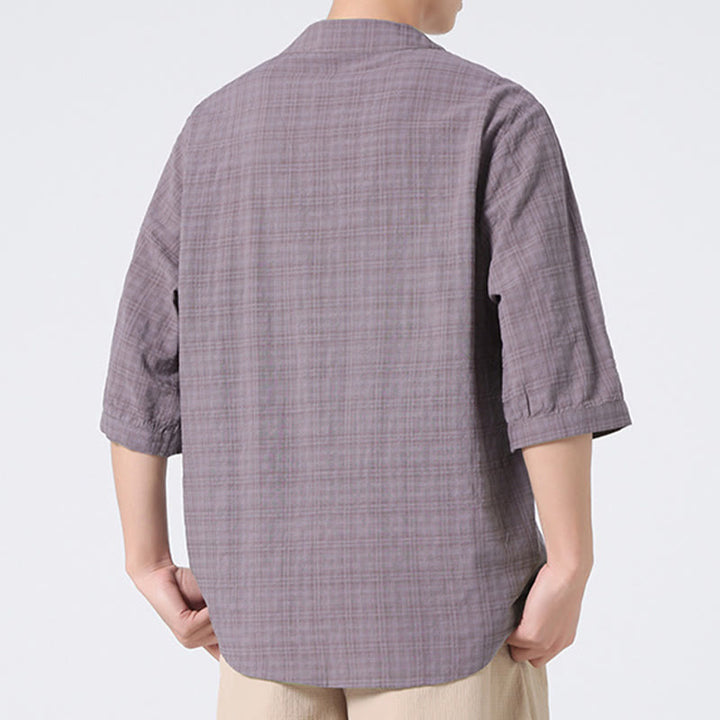 Buddha Stonesカエルボタン チェック柄 中国唐装 半袖シャツ コットンリネン メンズ服