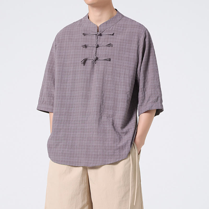 Buddha Stonesカエルボタン チェック柄 中国唐装 半袖シャツ コットンリネン メンズ服