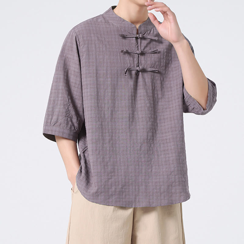 Buddha Stonesカエルボタン チェック柄 中国唐装 半袖シャツ コットンリネン メンズ服