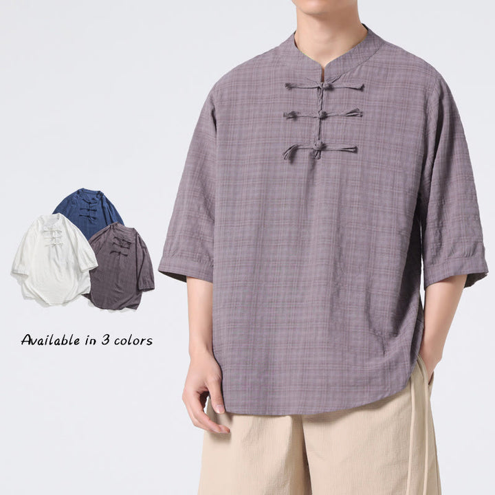 Buddha Stonesカエルボタン チェック柄 中国唐装 半袖シャツ コットンリネン メンズ服