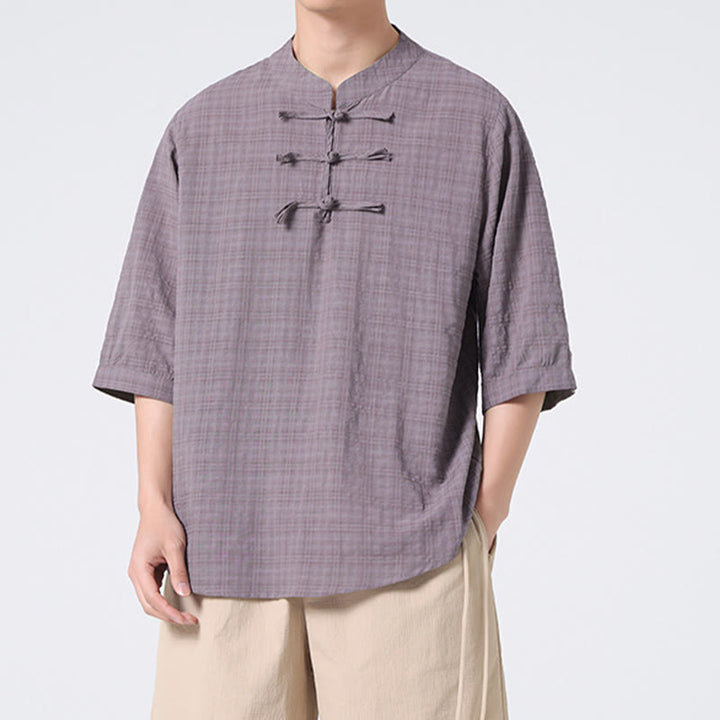 Buddha Stonesカエルボタン チェック柄 中国唐装 半袖シャツ コットンリネン メンズ服