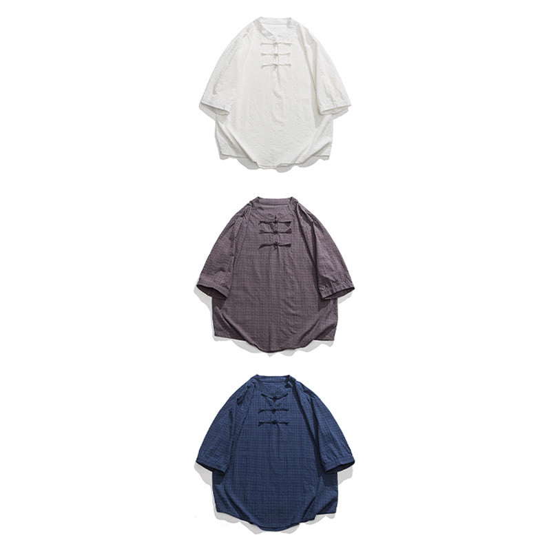 Buddha Stonesカエルボタン チェック柄 中国唐装 半袖シャツ コットンリネン メンズ服