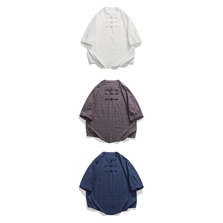 Buddha Stonesカエルボタン チェック柄 中国唐装 半袖シャツ コットンリネン メンズ服