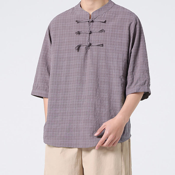 Buddha Stonesカエルボタン チェック柄 中国唐装 半袖シャツ コットンリネン メンズ服