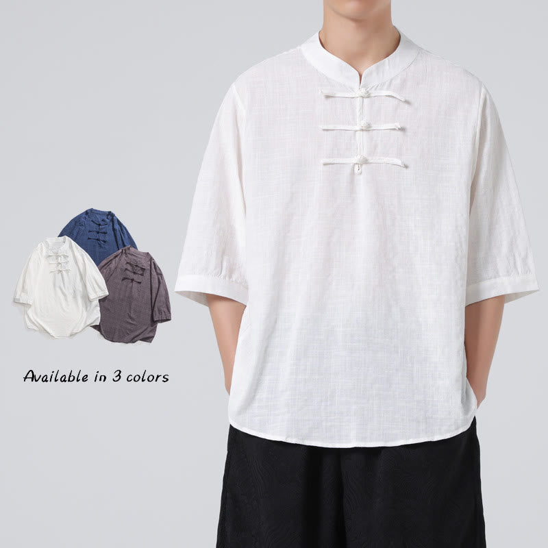 Buddha Stonesカエルボタン チェック柄 中国唐装 半袖シャツ コットンリネン メンズ服