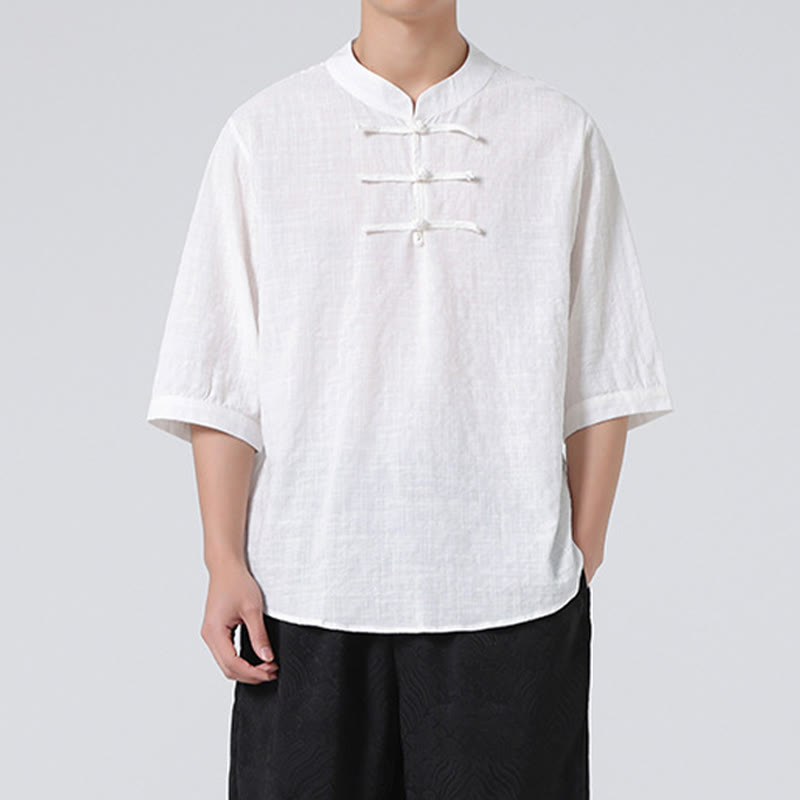 Buddha Stonesカエルボタン チェック柄 中国唐装 半袖シャツ コットンリネン メンズ服