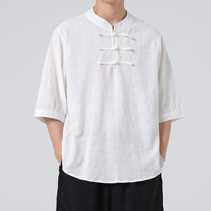 Buddha Stonesカエルボタン チェック柄 中国唐装 半袖シャツ コットンリネン メンズ服