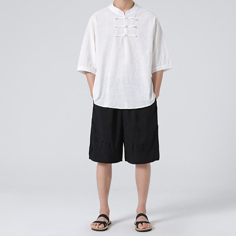 Buddha Stonesカエルボタン チェック柄 中国唐装 半袖シャツ コットンリネン メンズ服