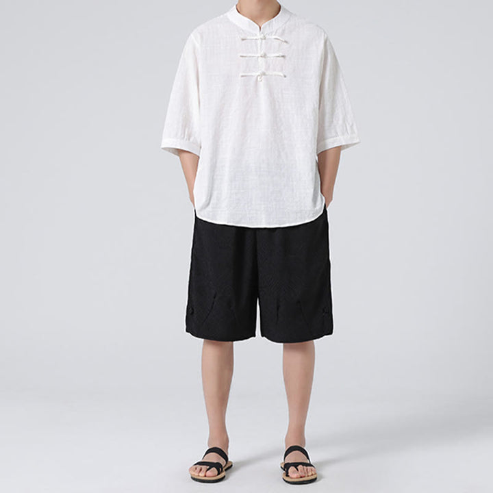 Buddha Stonesカエルボタン チェック柄 中国唐装 半袖シャツ コットンリネン メンズ服