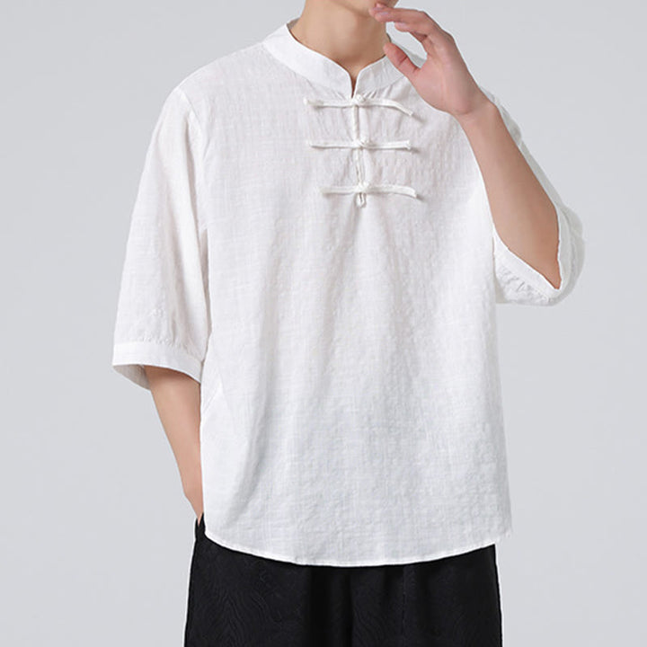 Buddha Stonesカエルボタン チェック柄 中国唐装 半袖シャツ コットンリネン メンズ服