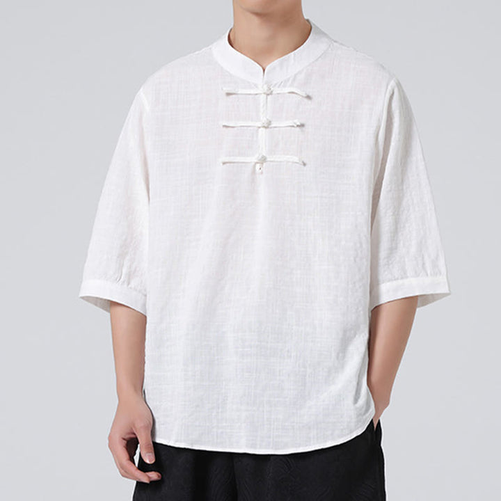 Buddha Stonesカエルボタン チェック柄 中国唐装 半袖シャツ コットンリネン メンズ服