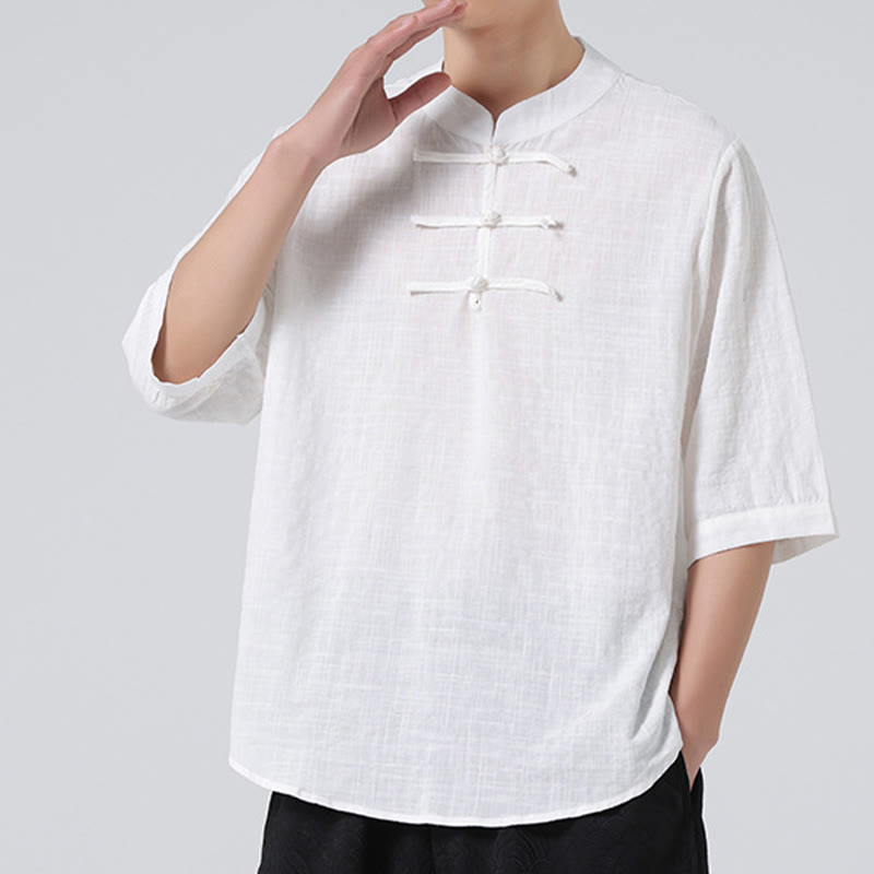 Buddha Stonesカエルボタン チェック柄 中国唐装 半袖シャツ コットンリネン メンズ服