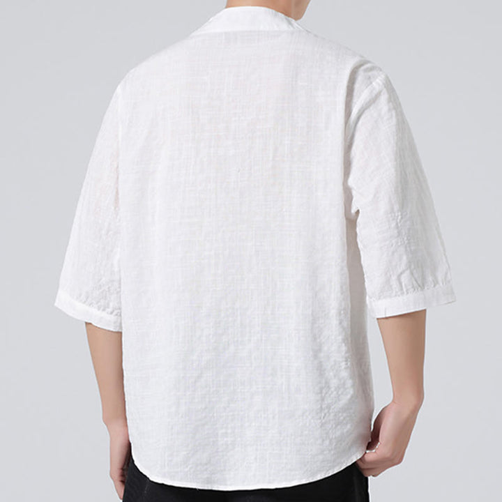 Buddha Stonesカエルボタン チェック柄 中国唐装 半袖シャツ コットンリネン メンズ服