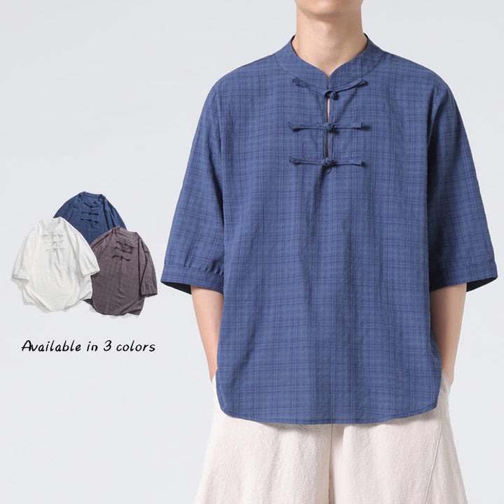 Buddha Stonesカエルボタン チェック柄 中国唐装 半袖シャツ コットンリネン メンズ服