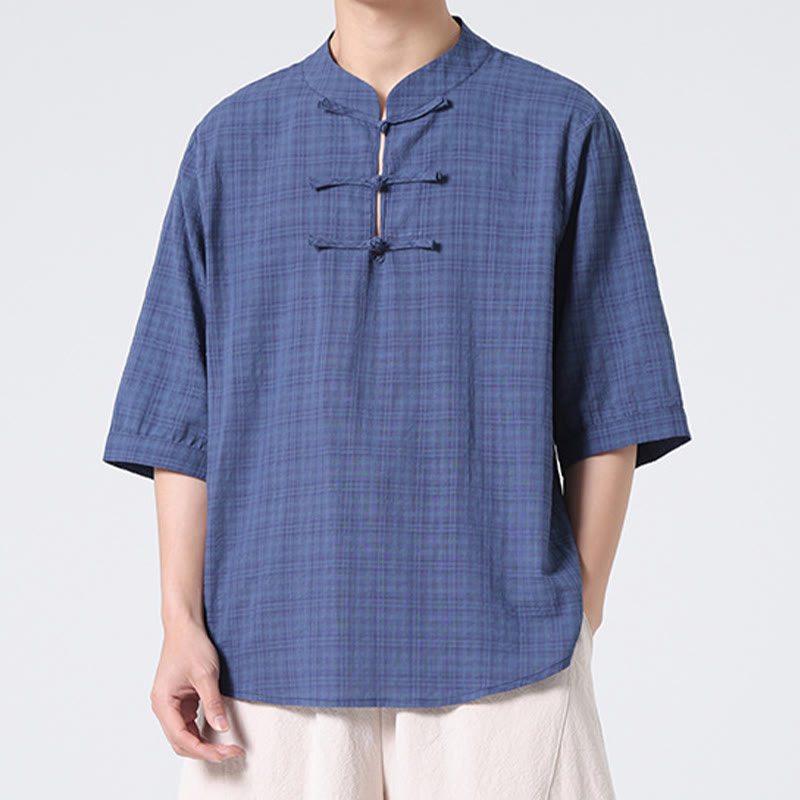 Buddha Stonesカエルボタン チェック柄 中国唐装 半袖シャツ コットンリネン メンズ服