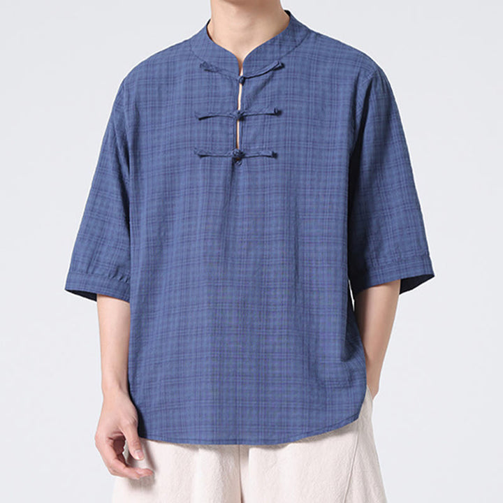 Buddha Stonesカエルボタン チェック柄 中国唐装 半袖シャツ コットンリネン メンズ服
