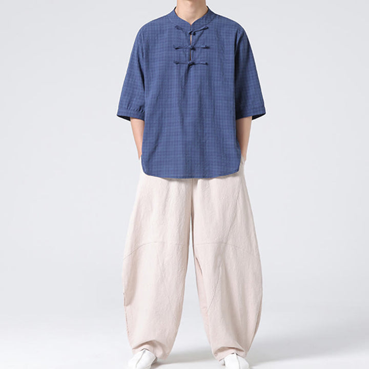 Buddha Stonesカエルボタン チェック柄 中国唐装 半袖シャツ コットンリネン メンズ服