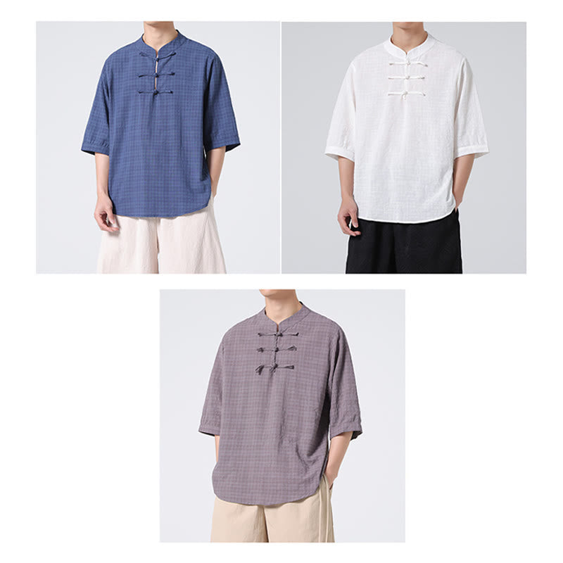 Buddha Stonesカエルボタン チェック柄 中国唐装 半袖シャツ コットンリネン メンズ服