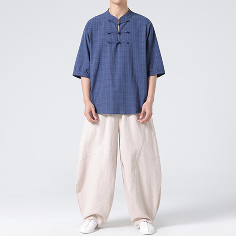 Buddha Stonesカエルボタン チェック柄 中国唐装 半袖シャツ コットンリネン メンズ服