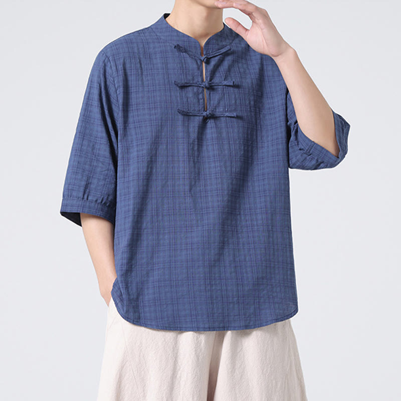 Buddha Stonesカエルボタン チェック柄 中国唐装 半袖シャツ コットンリネン メンズ服