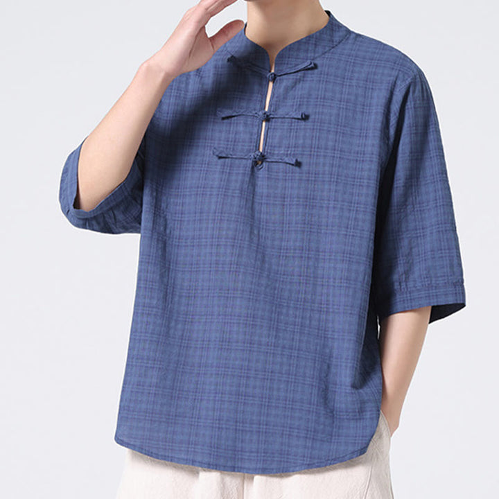 Buddha Stonesカエルボタン チェック柄 中国唐装 半袖シャツ コットンリネン メンズ服