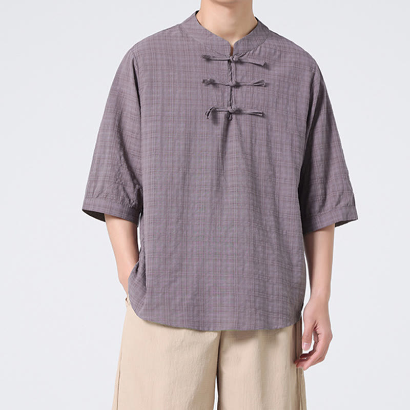 Buddha Stonesカエルボタン チェック柄 中国唐装 半袖シャツ コットンリネン メンズ服
