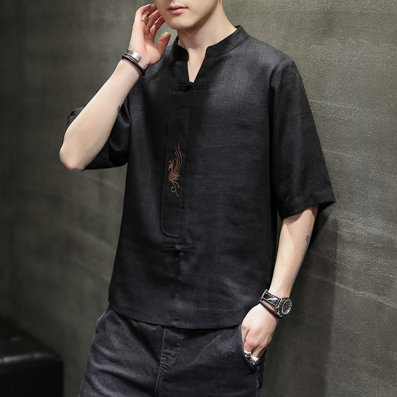 Buddha Stonesカエルボタン 鳳凰刺繍 中国唐装 半袖シャツ コットンリネン メンズ服 - image 17