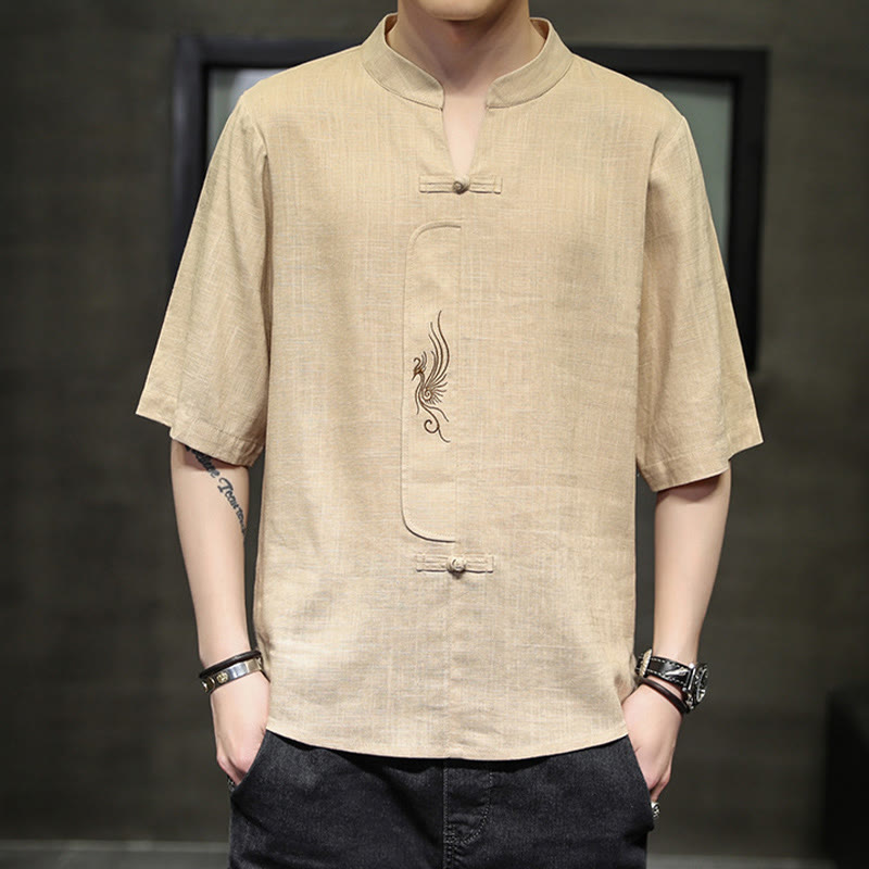 Buddha Stonesカエルボタン 鳳凰刺繍 中国唐装 半袖シャツ コットンリネン メンズ服 - ビスク - US/UK/AU46、 EU56 (5XL) - image 11