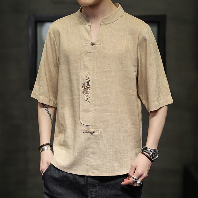 Buddha Stonesカエルボタン 鳳凰刺繍 中国唐装 半袖シャツ コットンリネン メンズ服 - image 14