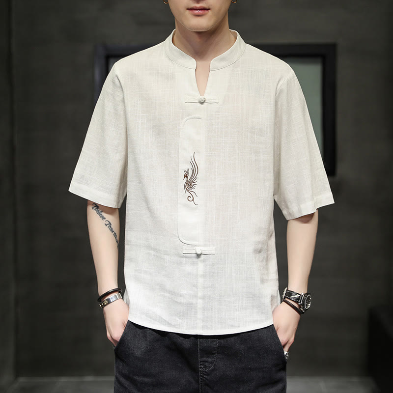Buddha Stonesカエルボタン 鳳凰刺繍 中国唐装 半袖シャツ コットンリネン メンズ服 - image 1