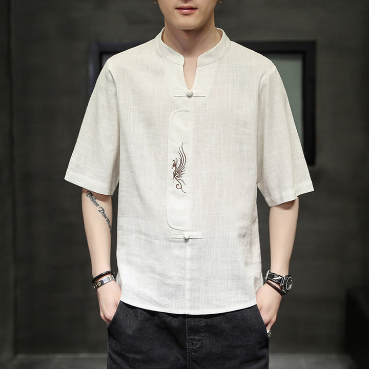 Buddha Stonesカエルボタン 鳳凰刺繍 中国唐装 半袖シャツ コットンリネン メンズ服 - image 1