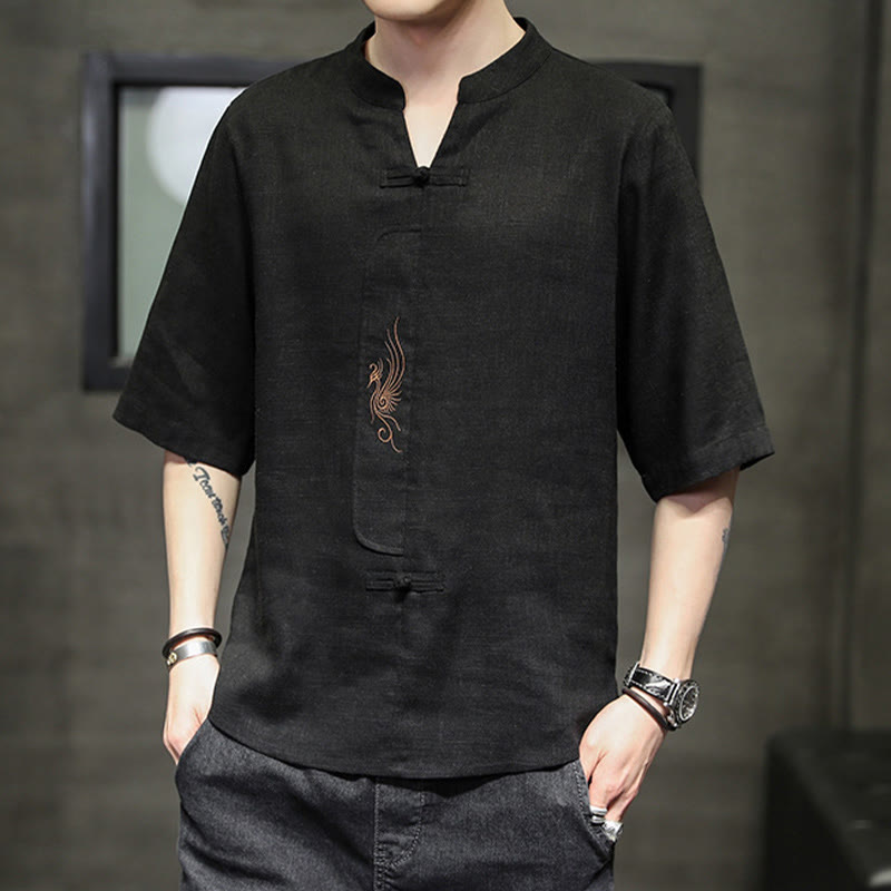 Buddha Stonesカエルボタン 鳳凰刺繍 中国唐装 半袖シャツ コットンリネン メンズ服 - image 20