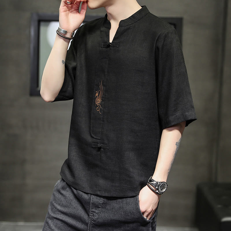 Buddha Stonesカエルボタン 鳳凰刺繍 中国唐装 半袖シャツ コットンリネン メンズ服 - image 21