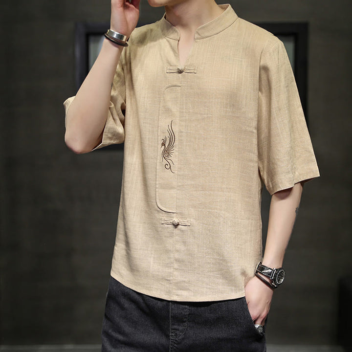 Buddha Stonesカエルボタン 鳳凰刺繍 中国唐装 半袖シャツ コットンリネン メンズ服 - image 12