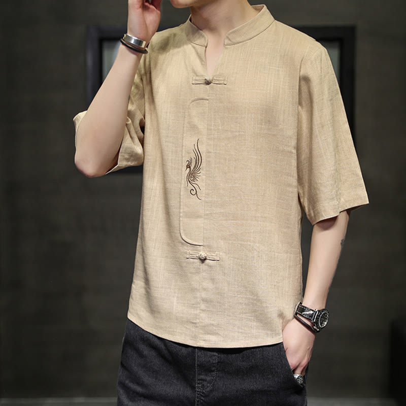 Buddha Stonesカエルボタン 鳳凰刺繍 中国唐装 半袖シャツ コットンリネン メンズ服 - image 11