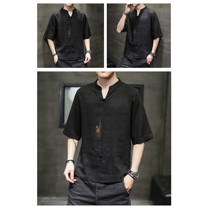 Buddha Stonesカエルボタン 鳳凰刺繍 中国唐装 半袖シャツ コットンリネン メンズ服 - image 23