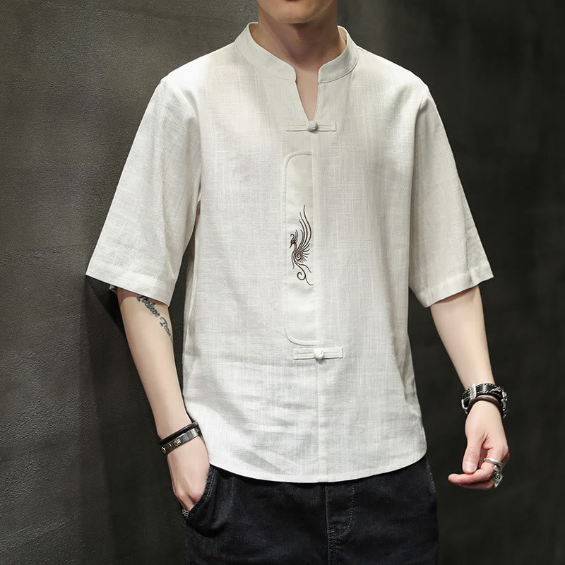 Buddha Stonesカエルボタン 鳳凰刺繍 中国唐装 半袖シャツ コットンリネン メンズ服 - 雪 - US/UK/AU46、 EU56 (5XL) - image 1