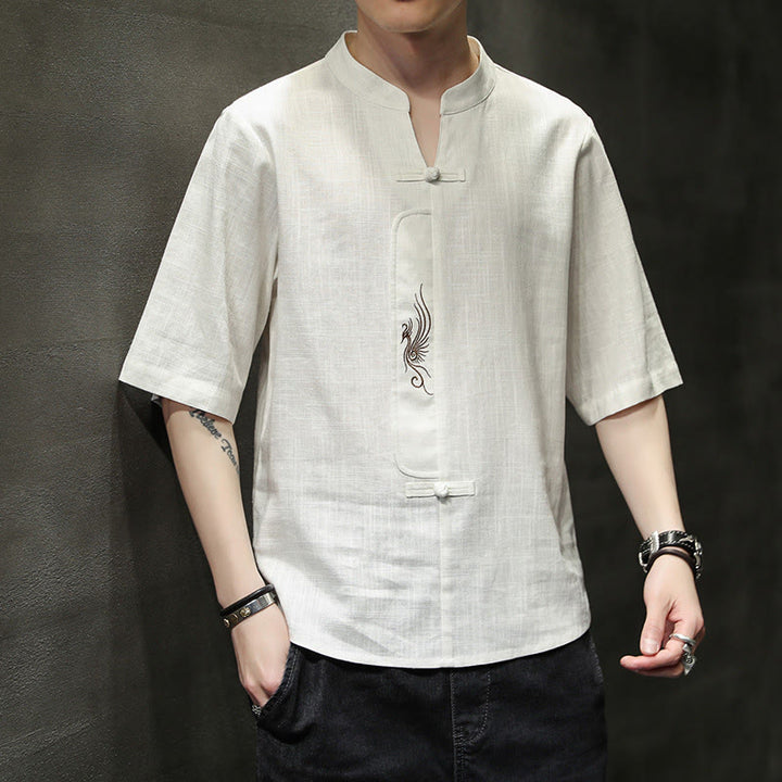 Buddha Stonesカエルボタン 鳳凰刺繍 中国唐装 半袖シャツ コットンリネン メンズ服 - 雪 - US/UK/AU46、 EU56 (5XL) - image 1