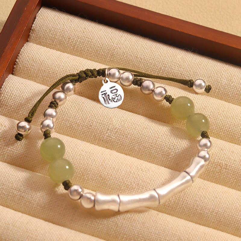 Buddha Stones925 スターリングシルバー 天然翡翠 フーキャラクター 竹の豊穣のブレスレット - 翡翠（手首周り14～19cm） - image 0