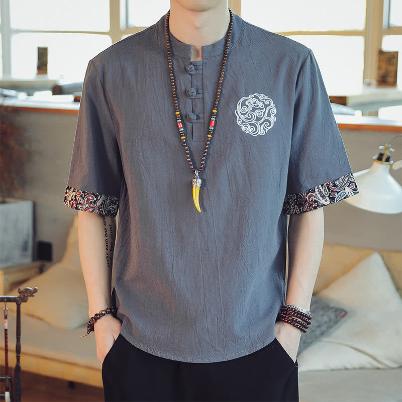 Buddha Stonesカエルボタン 龍刺繍 中国唐装 半袖シャツ リネン メンズ服 - グレー - US/UK/AU46、 EU56 (5XL)  - image 0