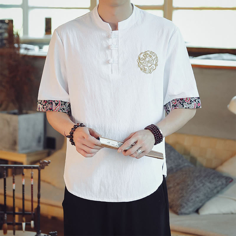 Buddha Stonesカエルボタン 龍刺繍 中国唐装 半袖シャツ リネン メンズ服 - 白 - US/UK/AU46、 EU56 (5XL)  - image 18