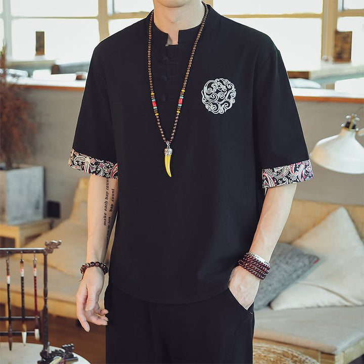 Buddha Stonesカエルボタン 龍刺繍 中国唐装 半袖シャツ リネン メンズ服 - 黒 - US/UK/AU46、 EU56 (5XL)  - image 25