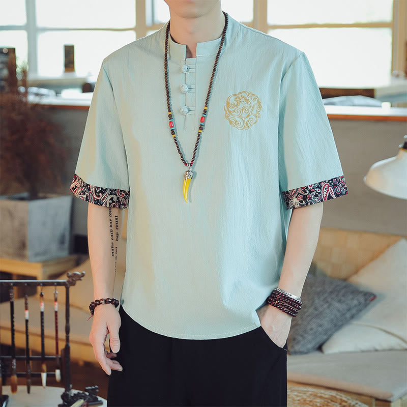 Buddha Stonesカエルボタン 龍刺繍 中国唐装 半袖シャツ リネン メンズ服 - ミントクリーム - US/UK/AU46、 EU56 (5XL)  - image 11