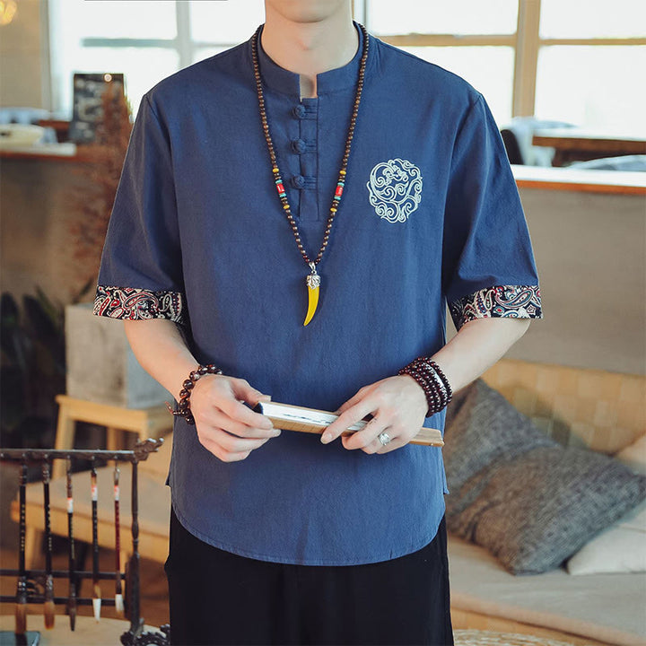 Buddha Stonesカエルボタン 龍刺繍 中国唐装 半袖シャツ リネン メンズ服 - スティールブルー - US/UK/AU46、 EU56 (5XL)  - image 33
