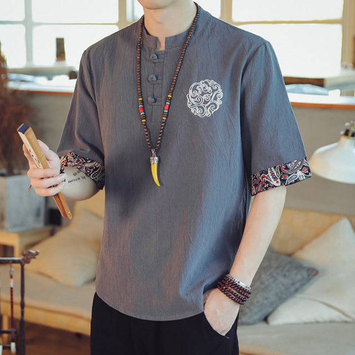 Buddha Stonesカエルボタン 龍刺繍 中国唐装 半袖シャツ リネン メンズ服 - image 4